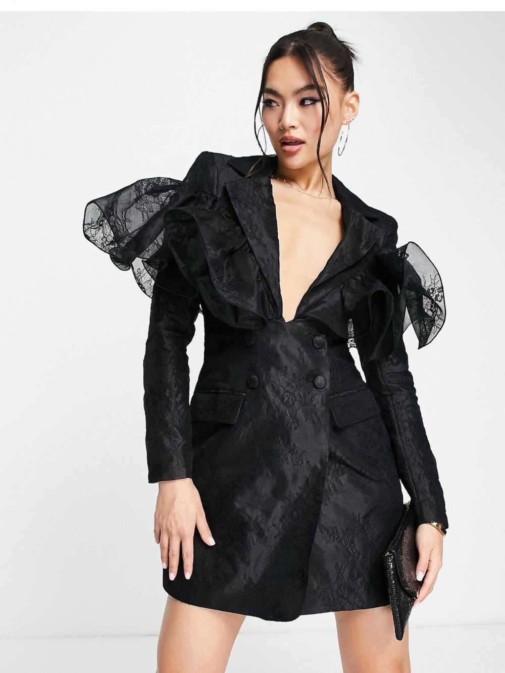 ASOS Black Jacquard Mini Blazer Dress with Organza Ruffle